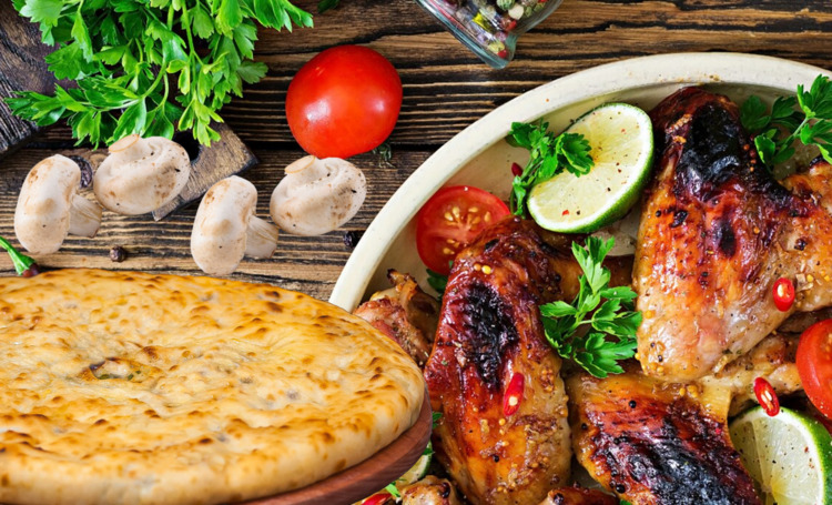 Пирог с уткой, шампиньонами, копченым сулугуни и зеленью