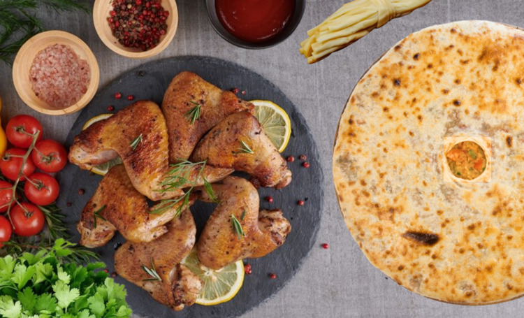 Пирог с уткой, копченым сулугуни, томатами и зеленью